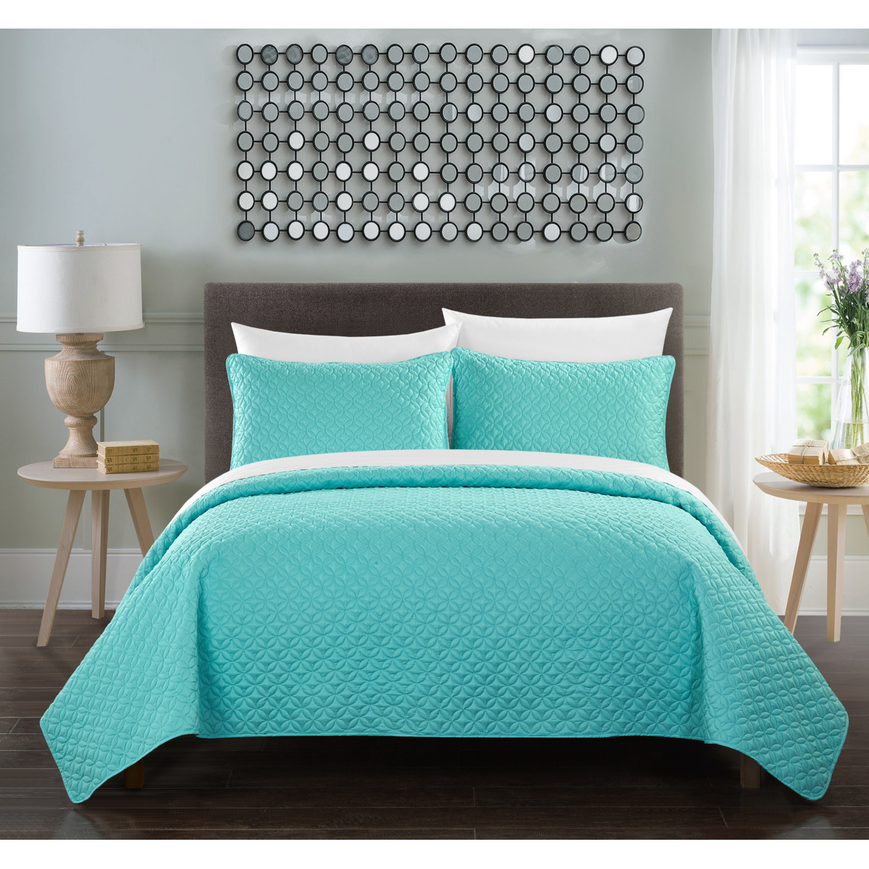 Gideon 3 Or 2 Piece Quilt Cover Set Rose Star Geometric Quilted Bedding - Aqua, King