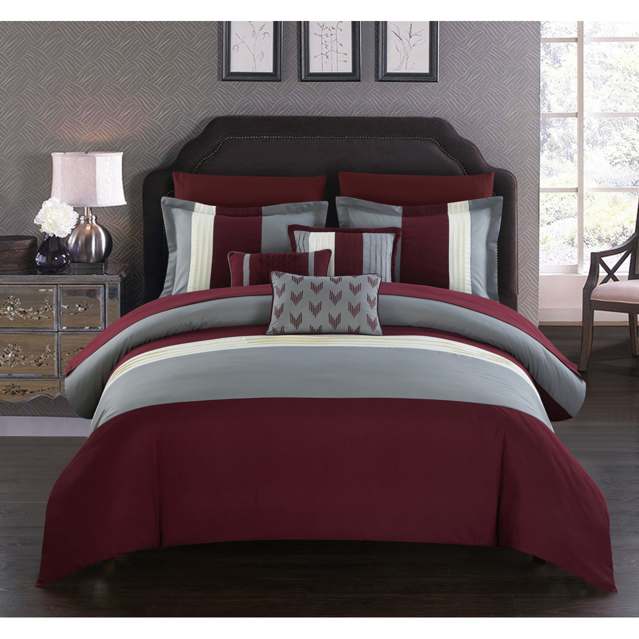 Rashi 10 Or 8 Piece Color Block Bed In A Bag Bedding And Comforter Set - Burgundy, King