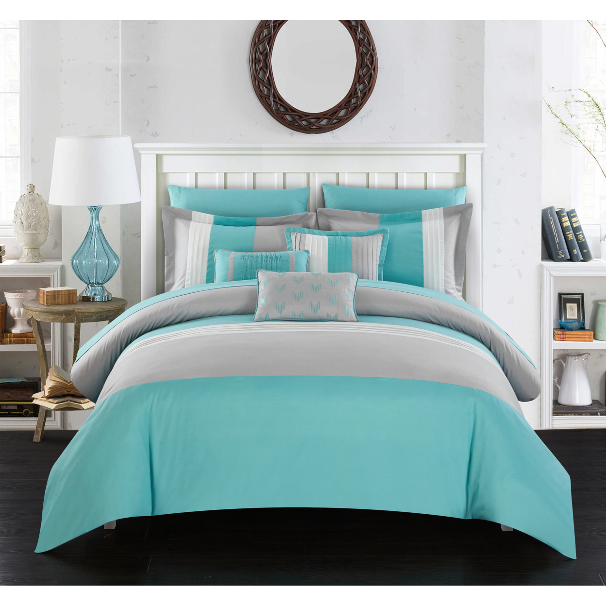 Rashi 10 Or 8 Piece Color Block Bed In A Bag Bedding And Comforter Set - Turquoise, Twin