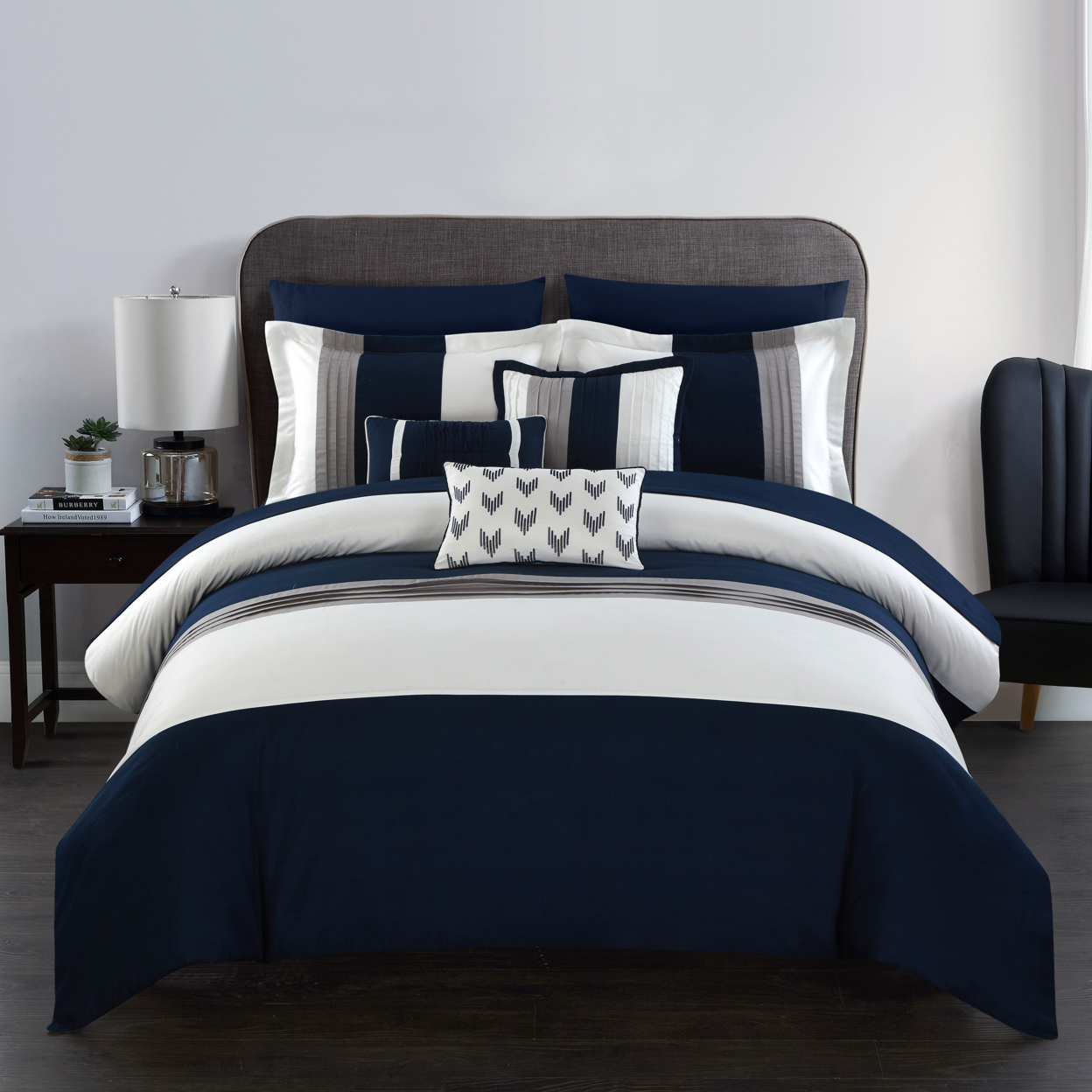 Rashi 10 Or 8 Piece Color Block Bed In A Bag Bedding And Comforter Set - Navy, Twin