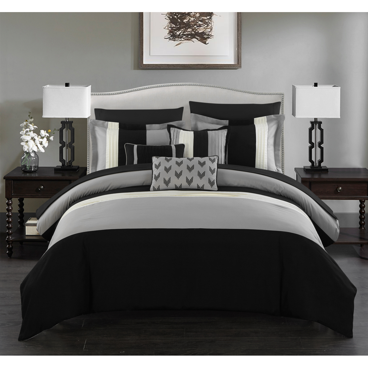 Rashi 10 Or 8 Piece Color Block Bed In A Bag Bedding And Comforter Set - Black, Twin