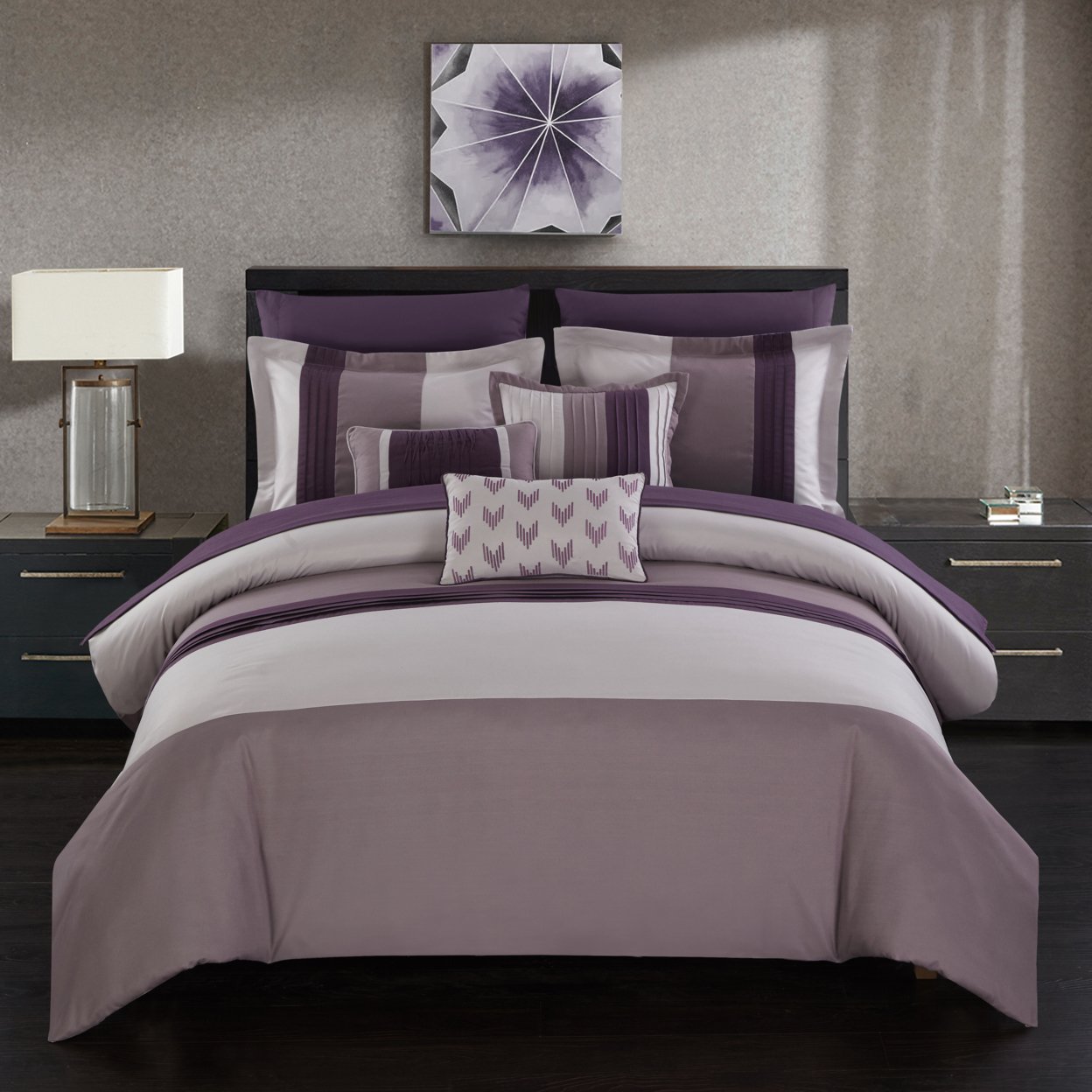 Rashi 10 or 8 Piece Color Block Bed In a Bag Bedding and Comforter Set - plum, queen - queen purple