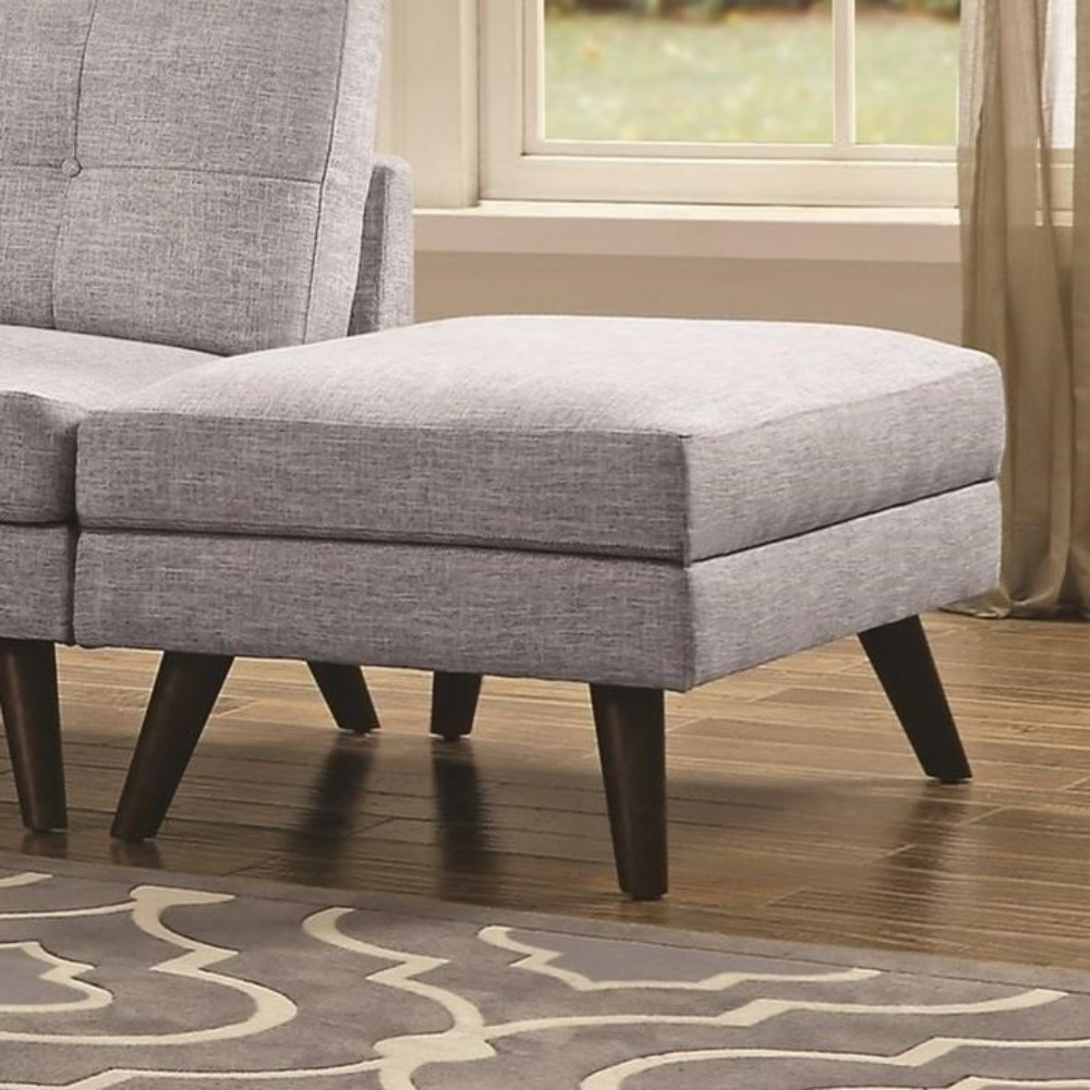 Fabric Upholstered Ottoman With Tappered Wooden Legs, Light Gray And Brown- Saltoro Sherpi