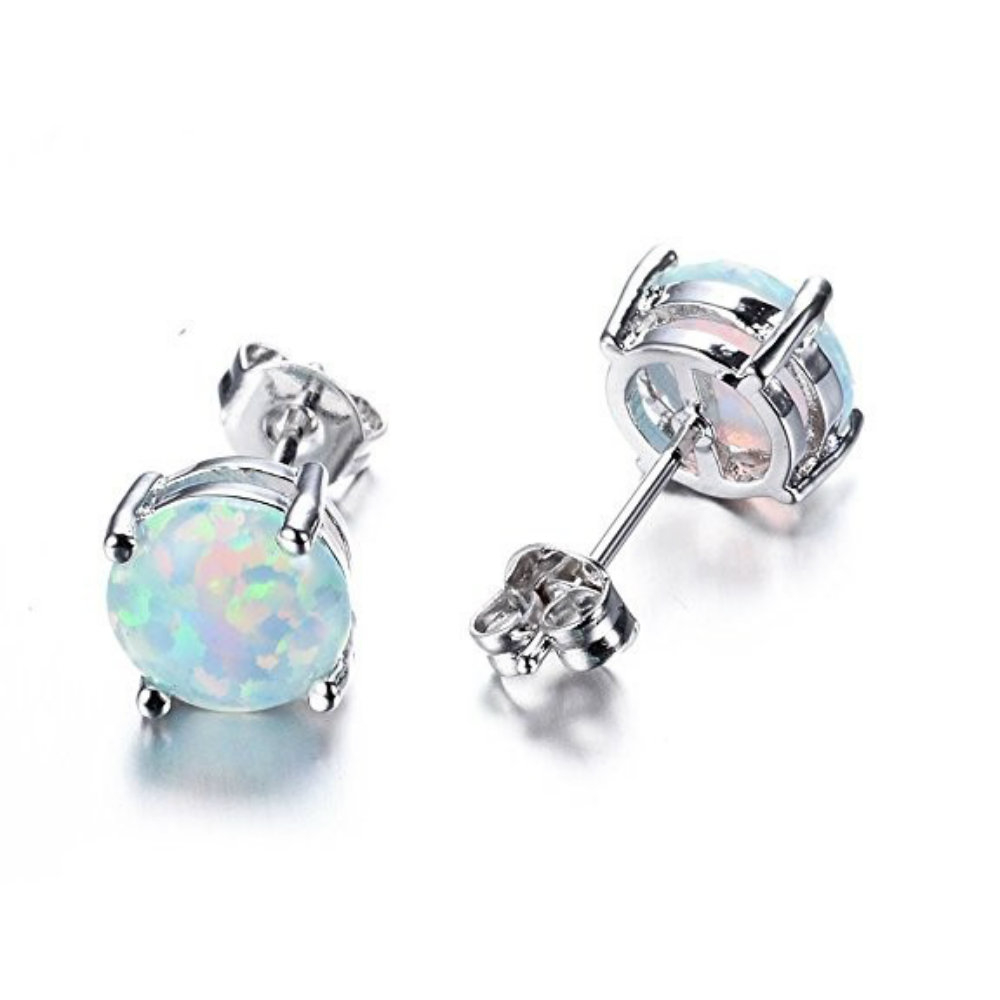 Sterling Silver 6mm Round Created White Opal Stud Earrings For Women