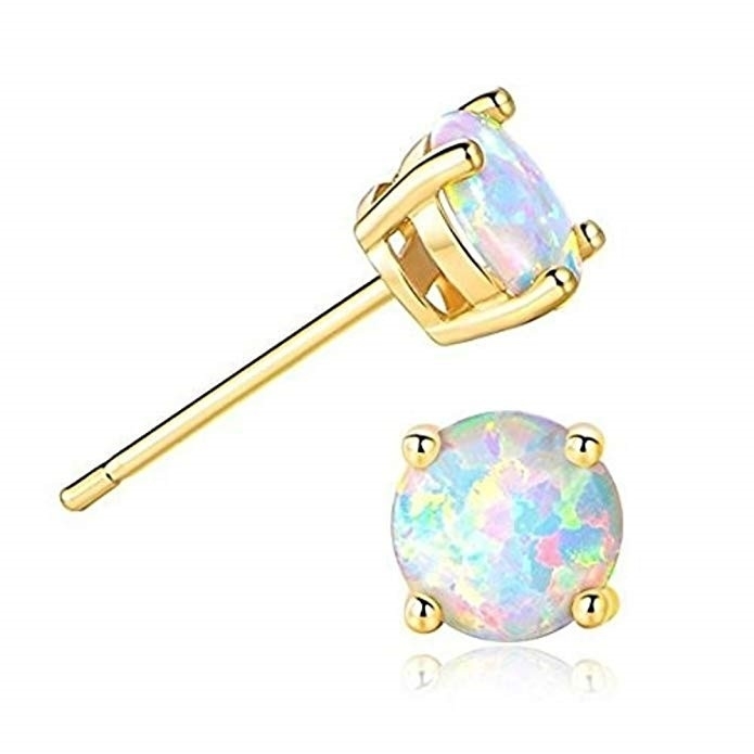 18K Gold Plated Solid Sterling Silver 6mm Round White Opal Stud Earrings For Women