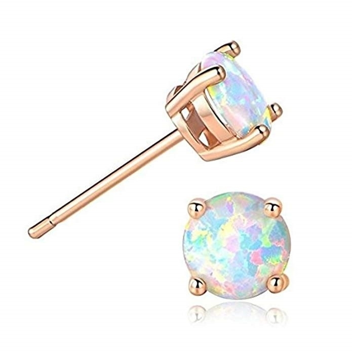 18K Rose Gold Plated Solid Sterling Silver 6mm Round White Opal Stud Earrings For Women
