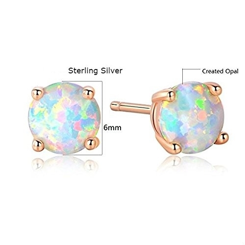 18K Rose Gold Plated Solid Sterling Silver 6mm Round White Opal Stud Earrings For Women