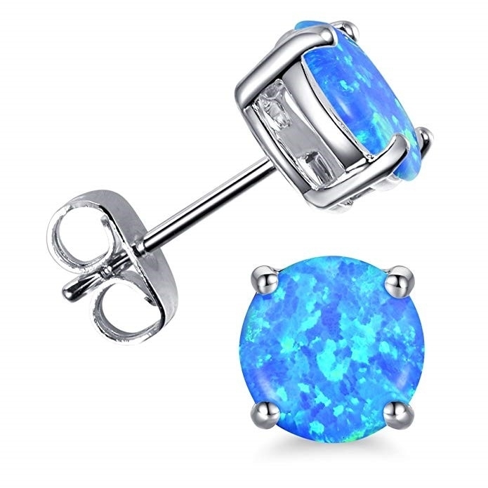 Sterling Silver 6mm Round Created Blue Opal Stud Earrings For Women