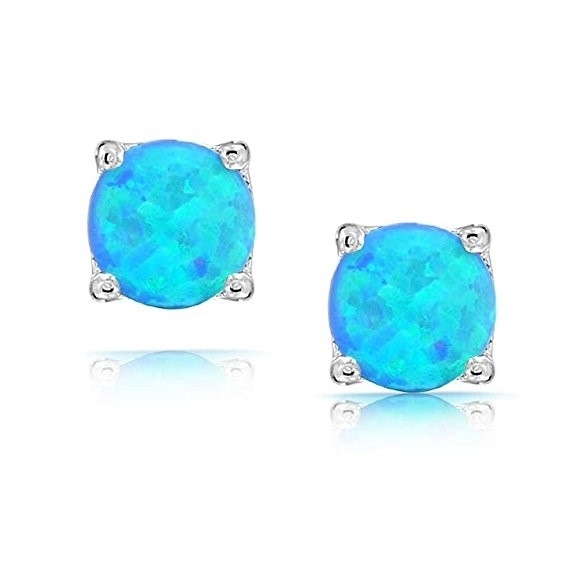 Sterling Silver 6mm Round Created Blue Opal Stud Earrings For Women