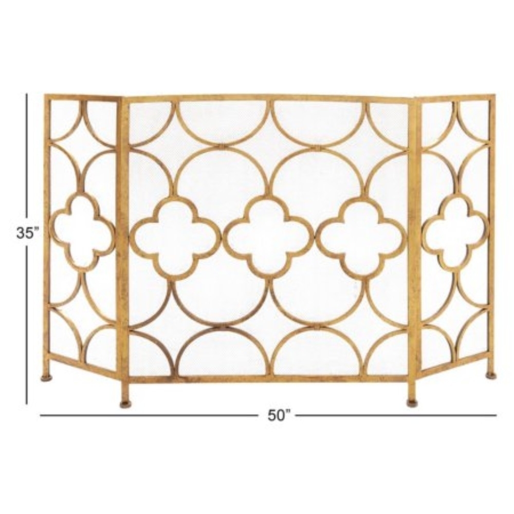 50 Inch 3 Panel Metal Fireplace Screen, Quatrefoil Design, Gold- Saltoro Sherpi