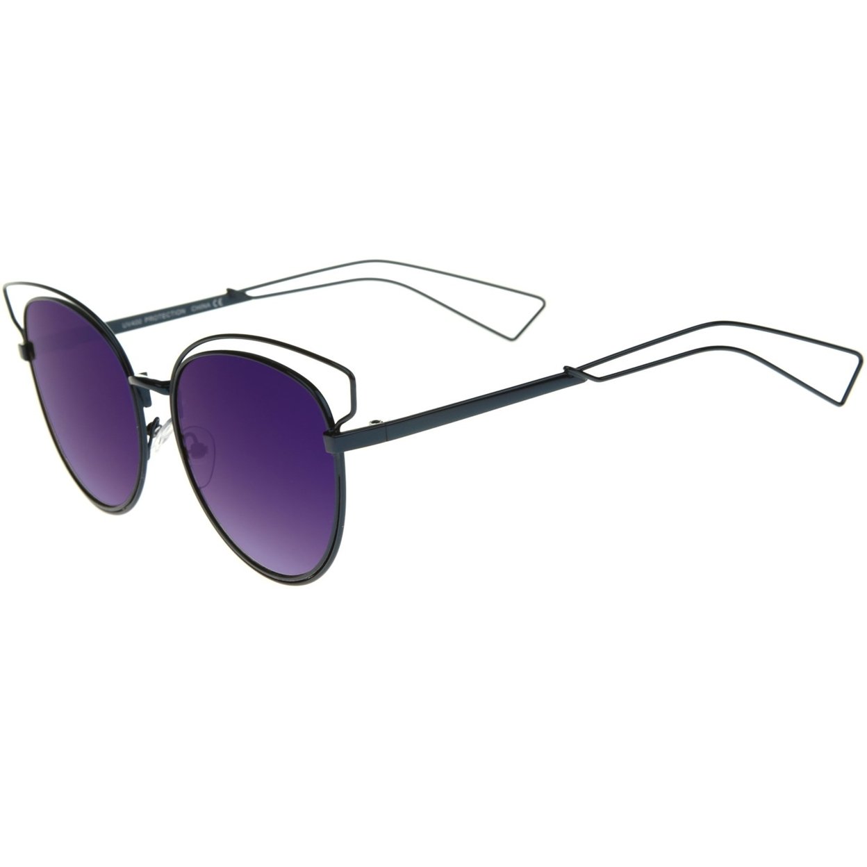 Womens Fashion Open Metal Frame Iridescent Lens Cat Eye Sunglasses 55mm - Hot Pink / Magenta Mirror