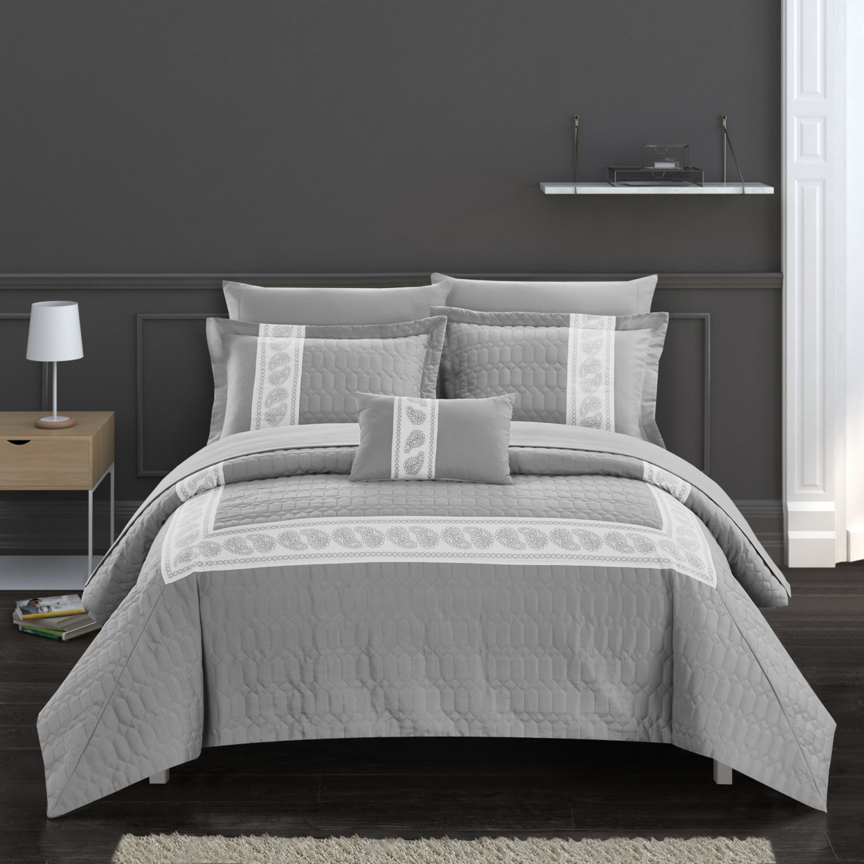 Keegan 8 Or 6 Piece Comforter Set Hotel Collection Hexagon Embossed Paisley Print Border Design Bed In A Bag - Grey, King