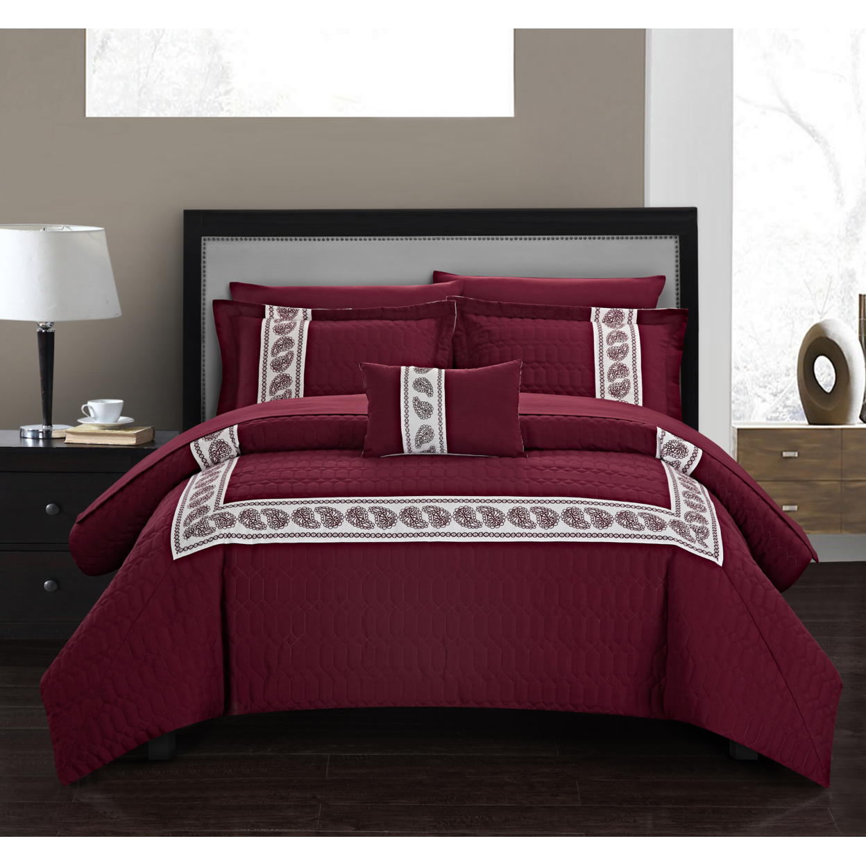 Keegan 8 Or 6 Piece Comforter Set Hotel Collection Hexagon Embossed Paisley Print Border Design Bed In A Bag - Burgundy, Twin