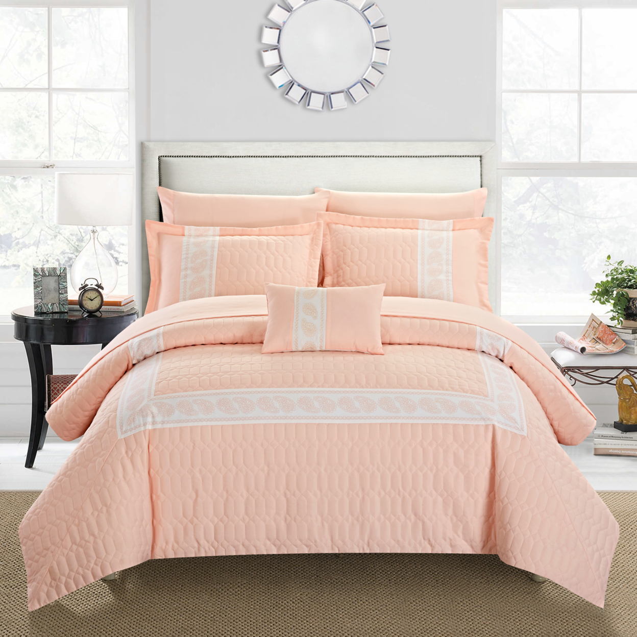 Keegan 8 Or 6 Piece Comforter Set Hotel Collection Hexagon Embossed Paisley Print Border Design Bed In A Bag - Blush, King