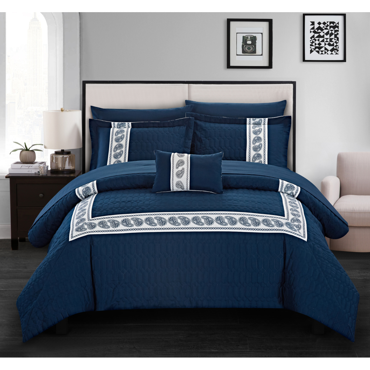 Keegan 8 Or 6 Piece Comforter Set Hotel Collection Hexagon Embossed Paisley Print Border Design Bed In A Bag - Navy, Queen