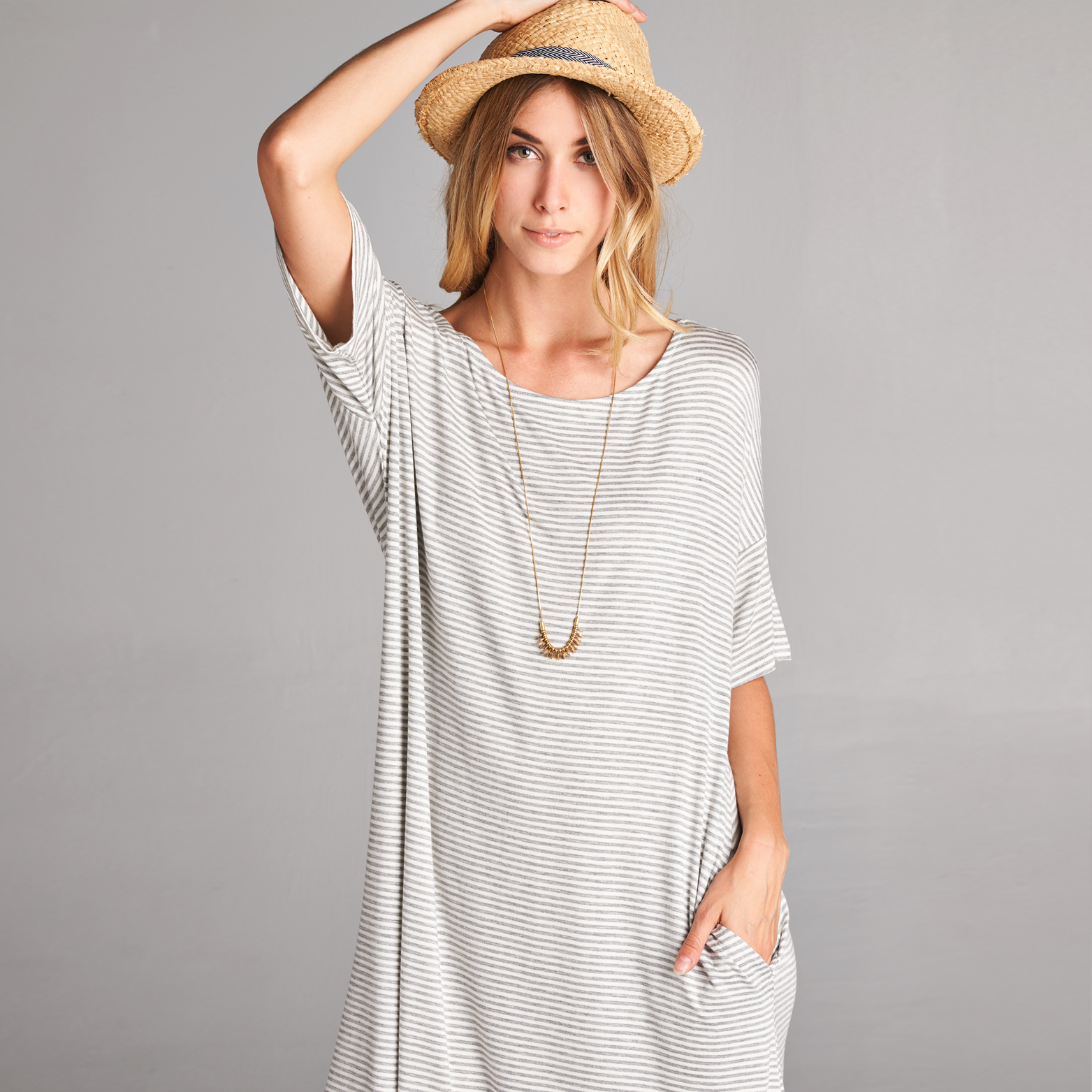 Relaxed Fit Pocket Dress - Grey/White Stripe, Large (14-16)