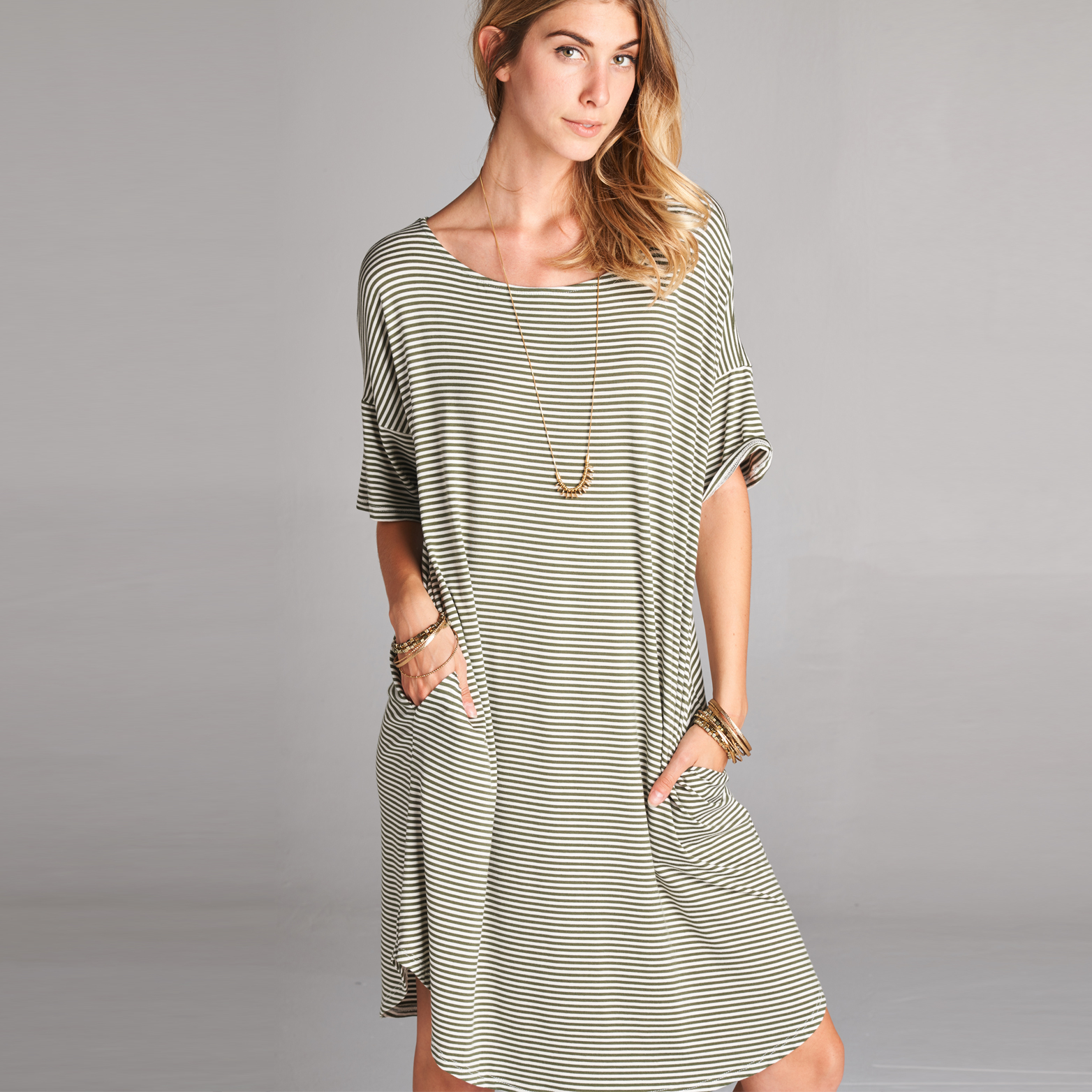 Relaxed Fit Pocket Dress - Olive/White Stripe, Medium (10-12)