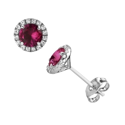 Red Ruby Halo Stud With Detailed Sides In White Gold Plating Earrings