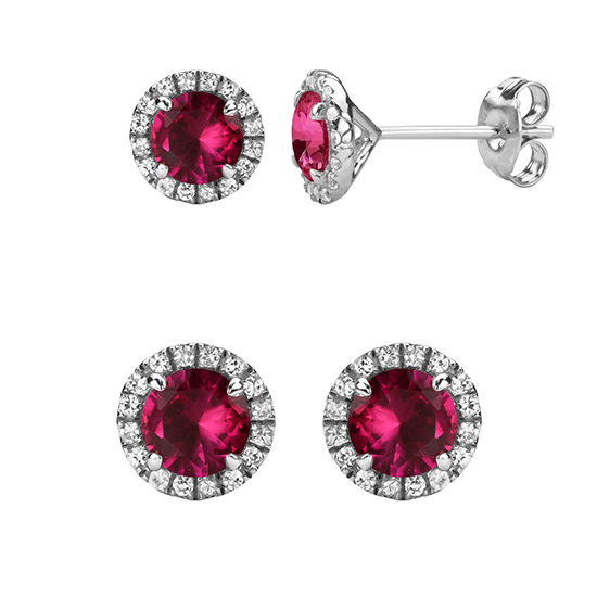 Red Ruby Halo Stud With Detailed Sides In White Gold Plating Earrings