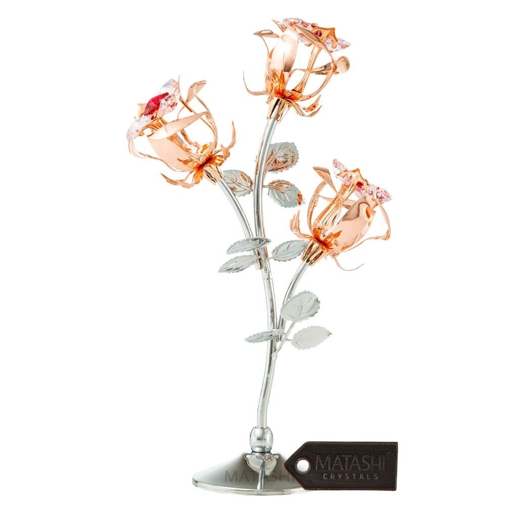 Rose Gold And Chrome Plated Rose Flower Tabletop Ornament W/ Red & Pink Matashi Crystals Metal Floral Arrangement