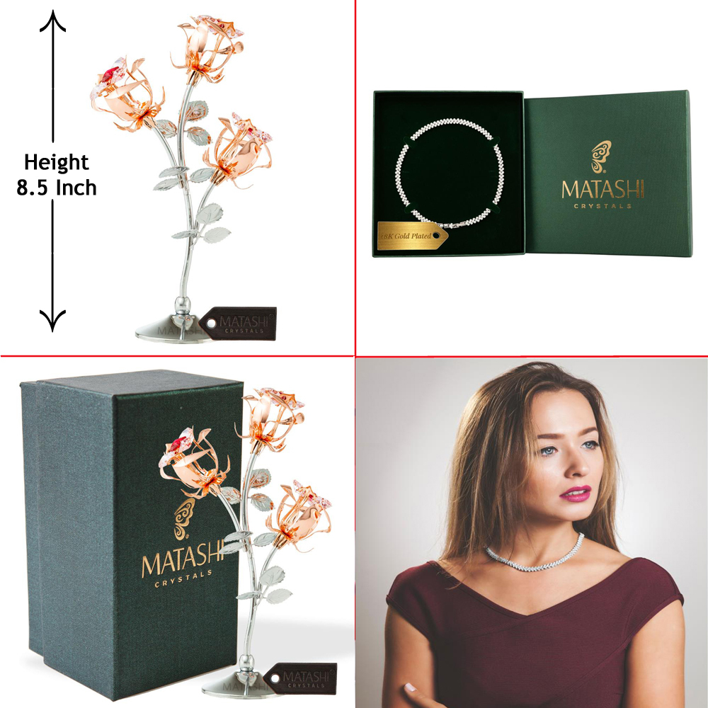 Best Ever Valentine's Day Gift - Rose Gold And Chrome Plated Rose Flower With 16 Rhodium Plated Necklace By Matashi
