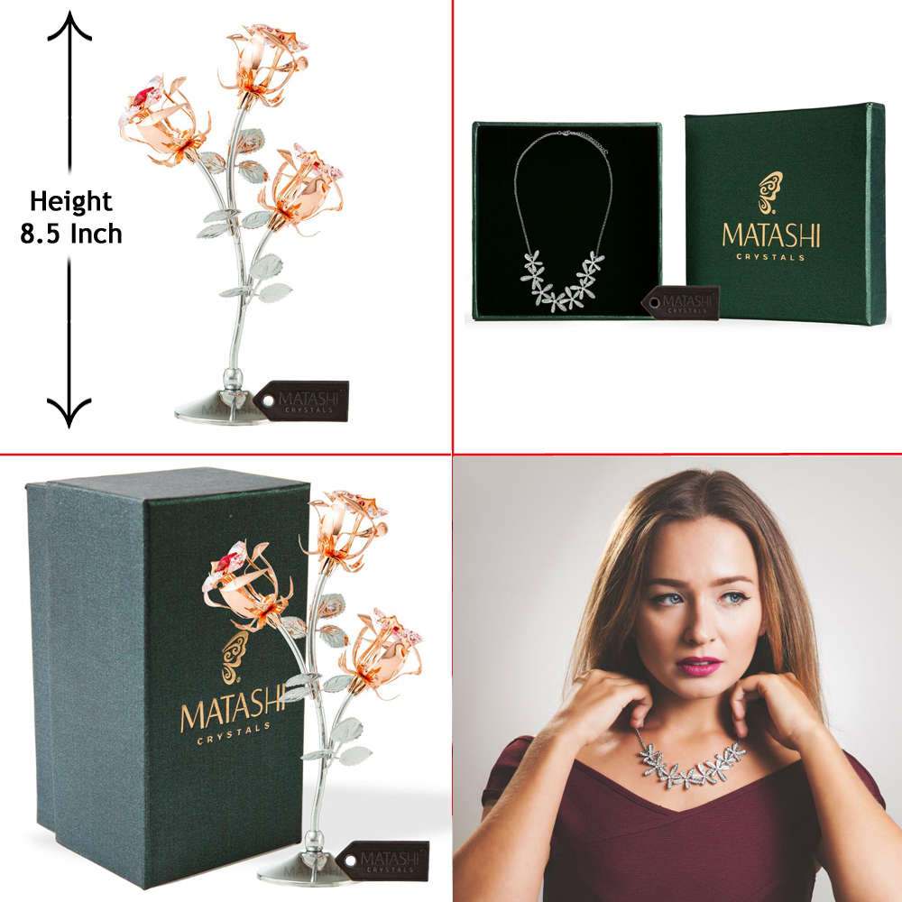 Best Ever Valentine's Day Gift - Rose Gold And Chrome Plated Rose Flower Tabletop Ornament With Rhodium Plated Necklace And Chain