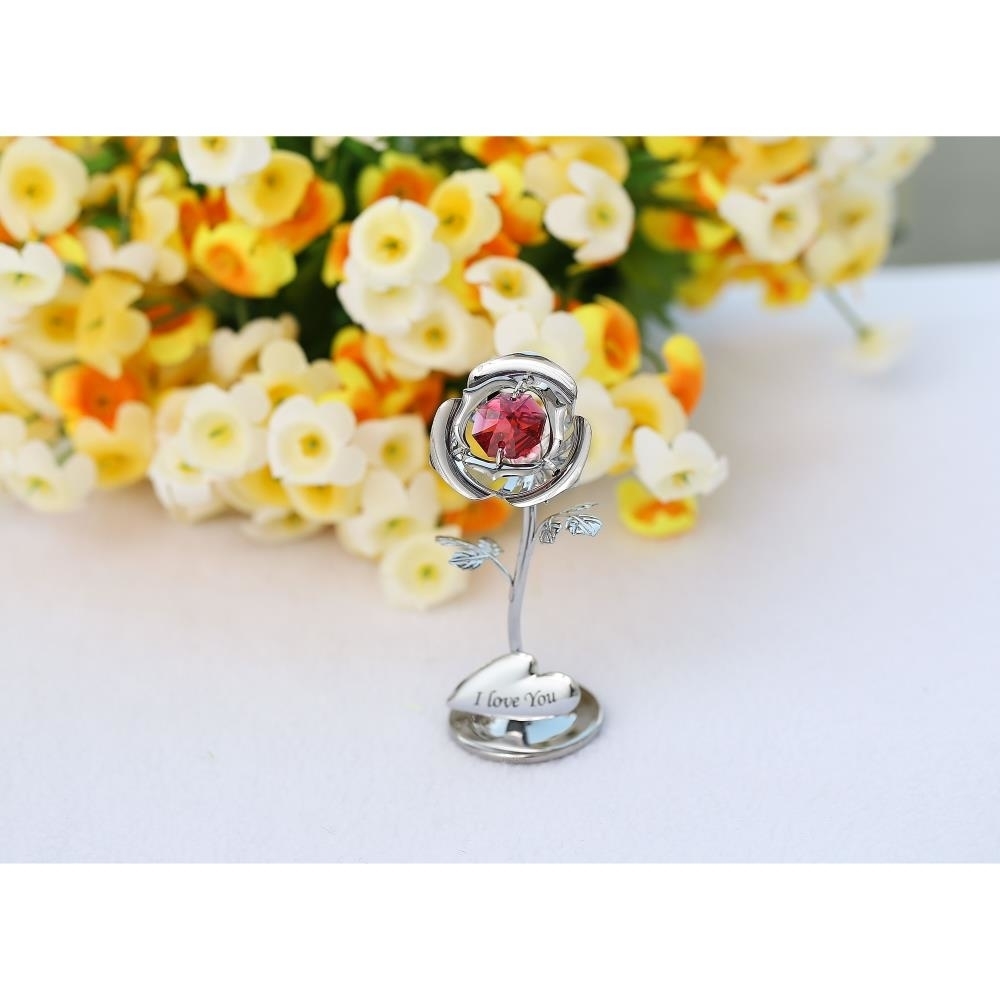 Single Chrome Plated Silver Rose Flower Tabletop Ornament W/ Red Matashi Crystals Metal I Love YouFloral Arrangement