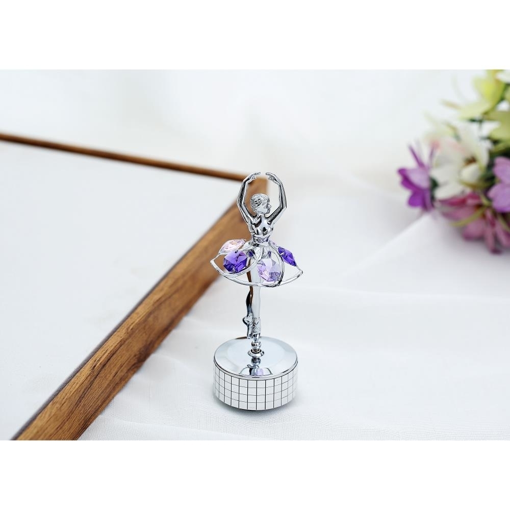 Chrome Plated Silver Ballet Dancer Wind-Up Music Box Memory, Table Top Ornament W/ Purple Crystals