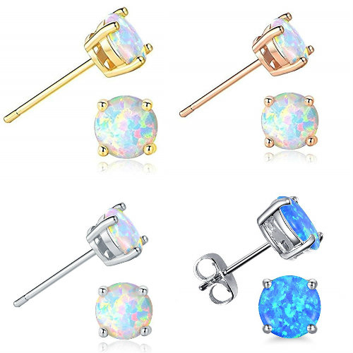 925 Sterling Silver Fire Opal Stud Earrings Rose Gold Plated Over .925 Silver - Silver Blue