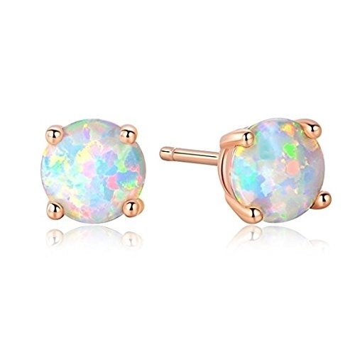 925 Sterling Silver Fire Opal Stud Earrings Rose Gold Plated Over .925 Silver - Silver Blue