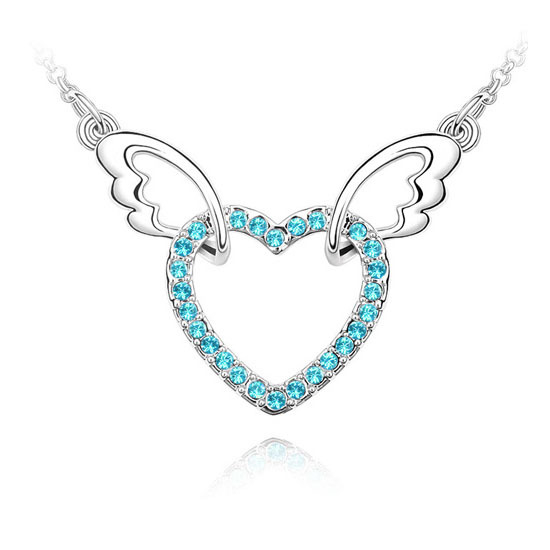 Angel Wings Pendant Necklace Heart Love Crystals Jewelry Angel Wings Heart - Blue