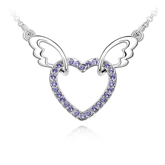 Angel Wings Pendant Necklace Heart Love Crystals Jewelry Angel Wings Heart - Purple
