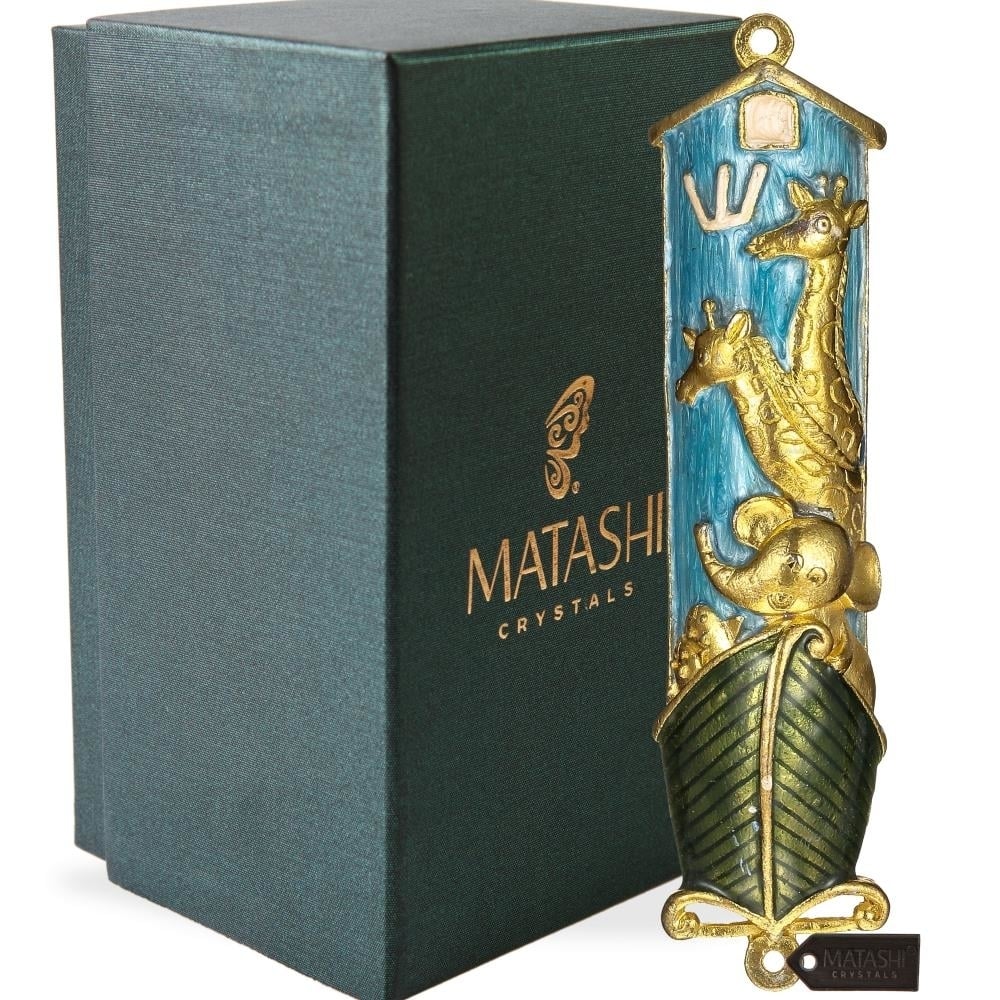 Hand Painted Blue Enamel Noah's Ark Mezuzah With Gold Accents And High Quality Crystals By Matashi