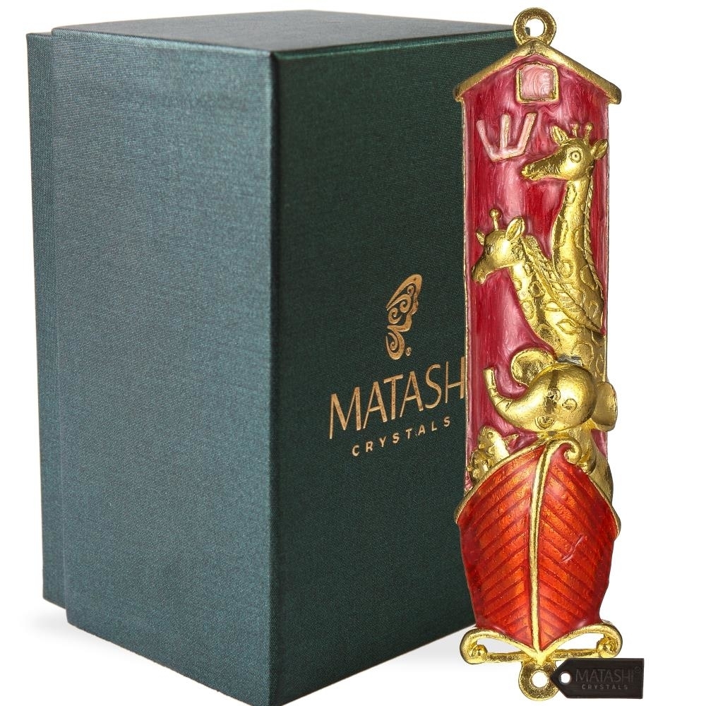 Hand Painted Red Enamel Noah's Ark Mezuzah With Gold Accents And High Quality Crystals By Matashi