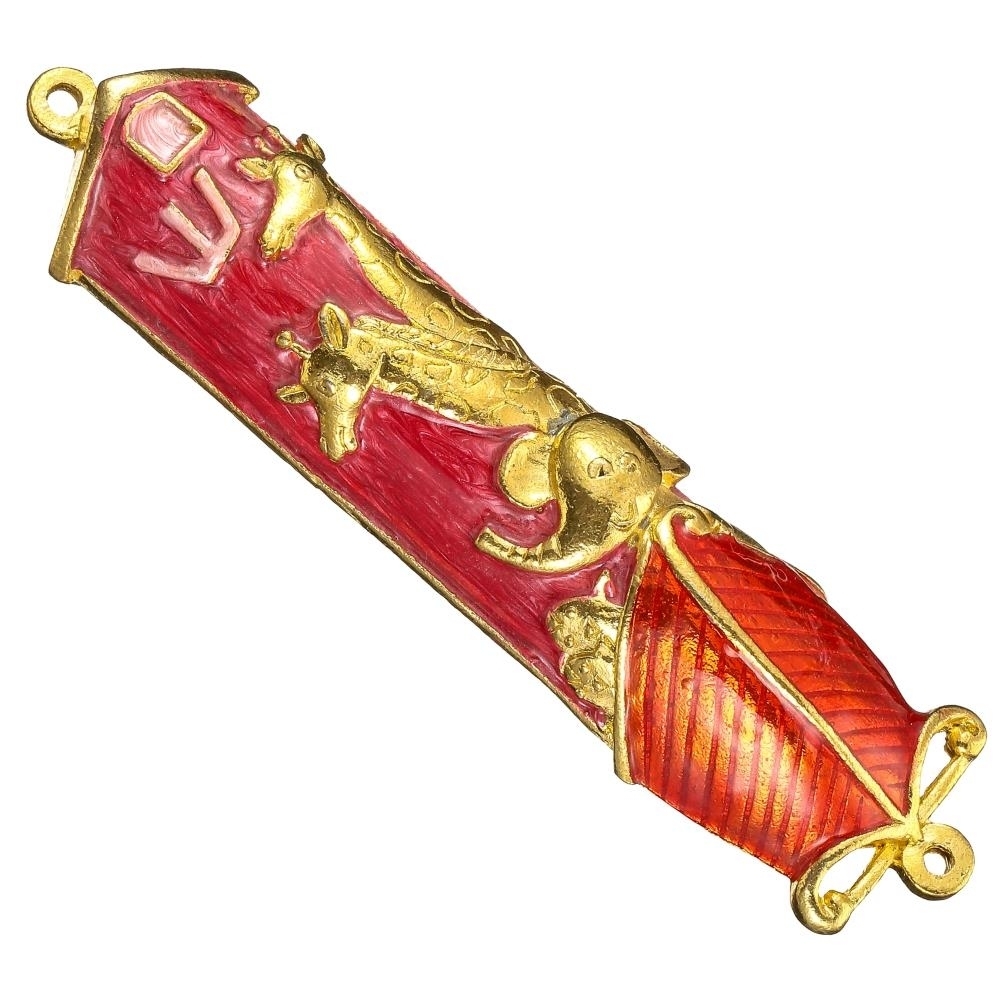 Hand Painted Red Enamel Noah's Ark Mezuzah With Gold Accents And High Quality Crystals By Matashi