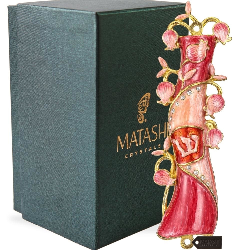 Hand Painted Red & Pink Enamel Mezuzah Embellished With A Pomegranate Floral Design With Gold Accents And High Quality Crystals By Matashi