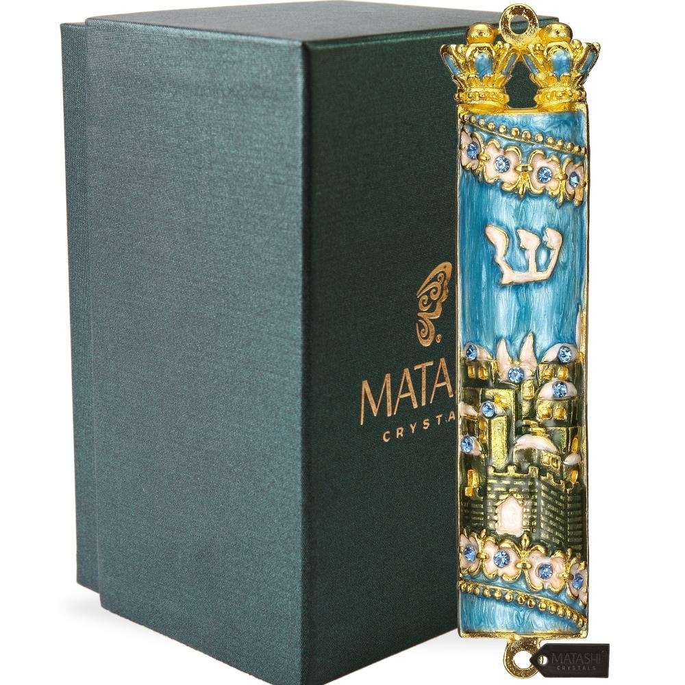 Hand Painted Blue & Green Enamel Mezuzah With Jerusalem City Design With Gold Accents And High Quality Crystals By Matashi