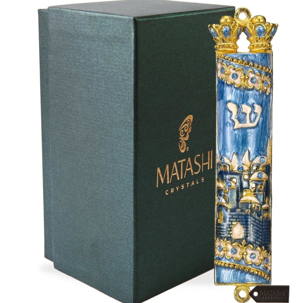 Matashi Hand Painted Blue Enamel Mezuzah With Jerusalem City Design With Gold Accents And High Quality Crystals