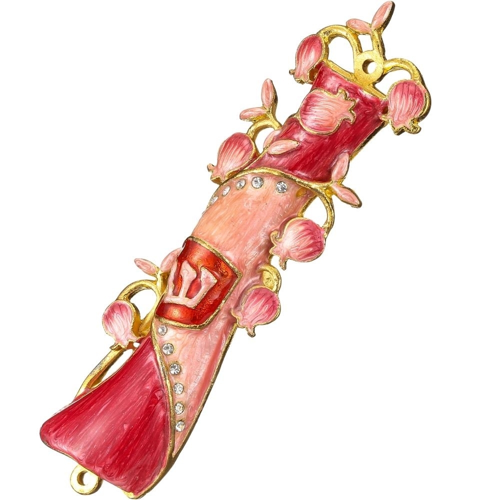 Hand Painted Red & Pink Enamel Mezuzah Embellished With A Pomegranate Floral Design With Gold Accents And High Quality Crystals By Matashi