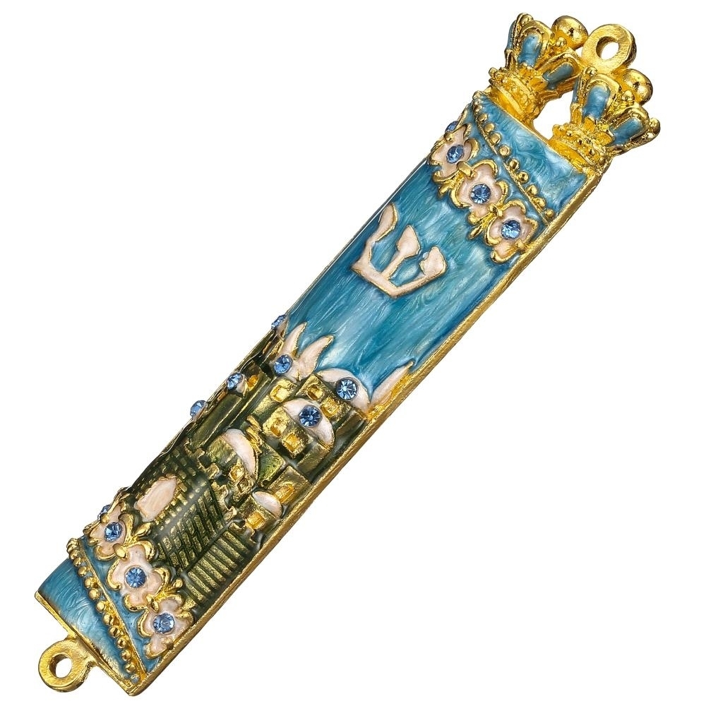 Hand Painted Blue & Green Enamel Mezuzah With Jerusalem City Design With Gold Accents And High Quality Crystals By Matashi