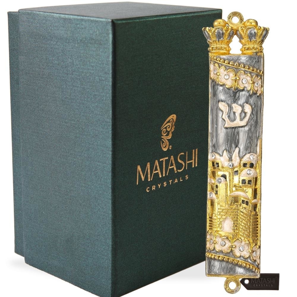 Matashi Hand Painted Grey Enamel Mezuzah With Jerusalem City Design With Gold Accents And High Quality Crystals