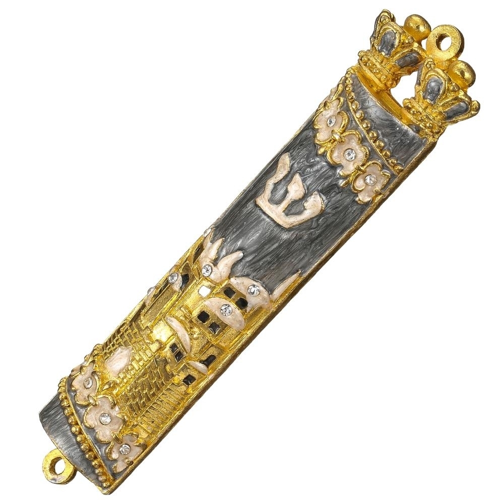 Matashi Hand Painted Grey Enamel Mezuzah With Jerusalem City Design With Gold Accents And High Quality Crystals
