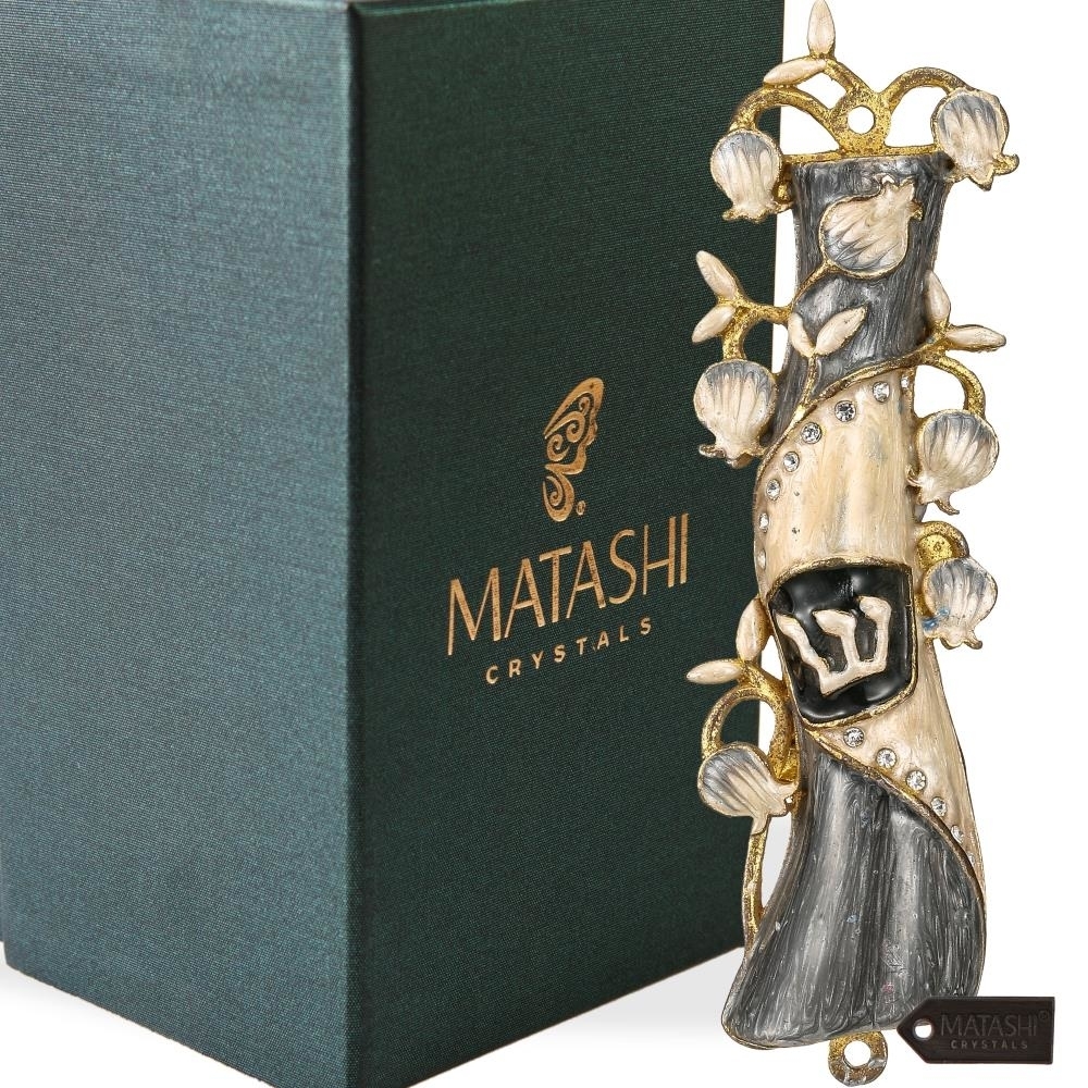 Hand Painted Grey & White Enamel Mezuzah Embellished With A Pomegranate Floral Design With Gold Accents And High Quality Crystals By Matashi