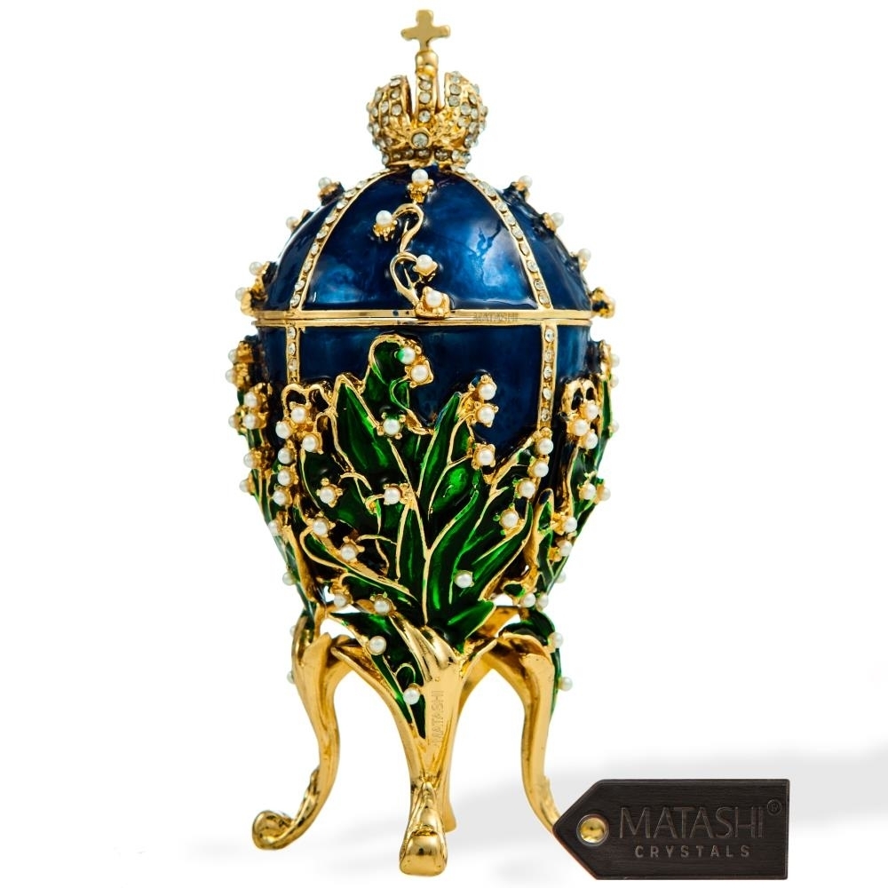 Hand Painted Hinged Top Blue FabergÃ© Easter Egg Ornament/Trinket Box Embellished With 24K Gold Pearls And Crystals