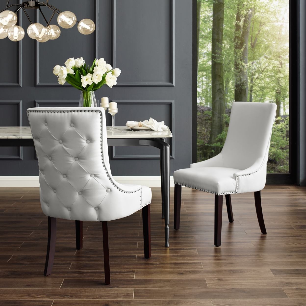 Ruben Leather PU Or Velvet Or Linen Dining Chair-Set Of 2-Tufted-Nailhead Trim By Inspired Home - Cream White Linen