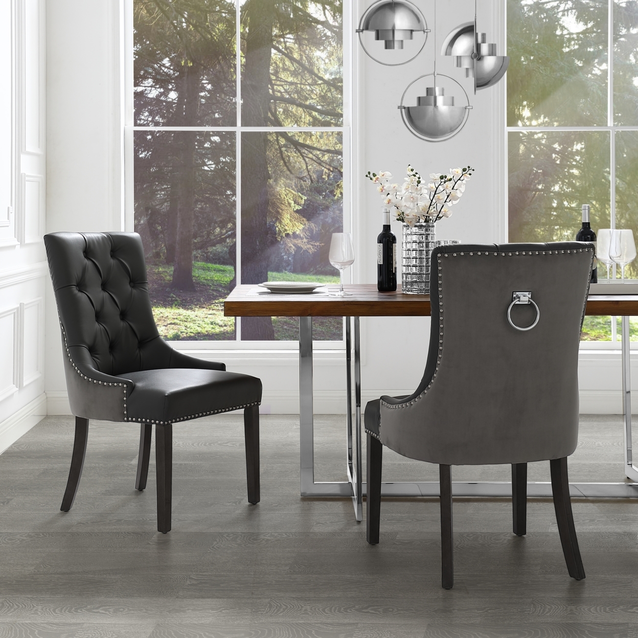 Harry Leather PU - Velvet Dining Chair-Set Of 2-Tufted-Ring Handle-Nailhead Trim By Inspired Home - Dark Grey Leather / Velvet
