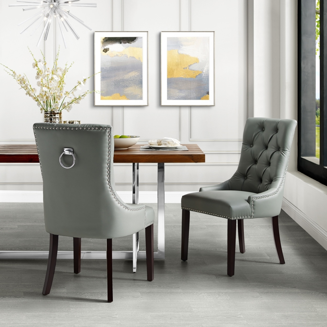 Harry Leather PU - Velvet Dining Chair-Set Of 2-Tufted-Ring Handle-Nailhead Trim By Inspired Home - Light Grey Leather