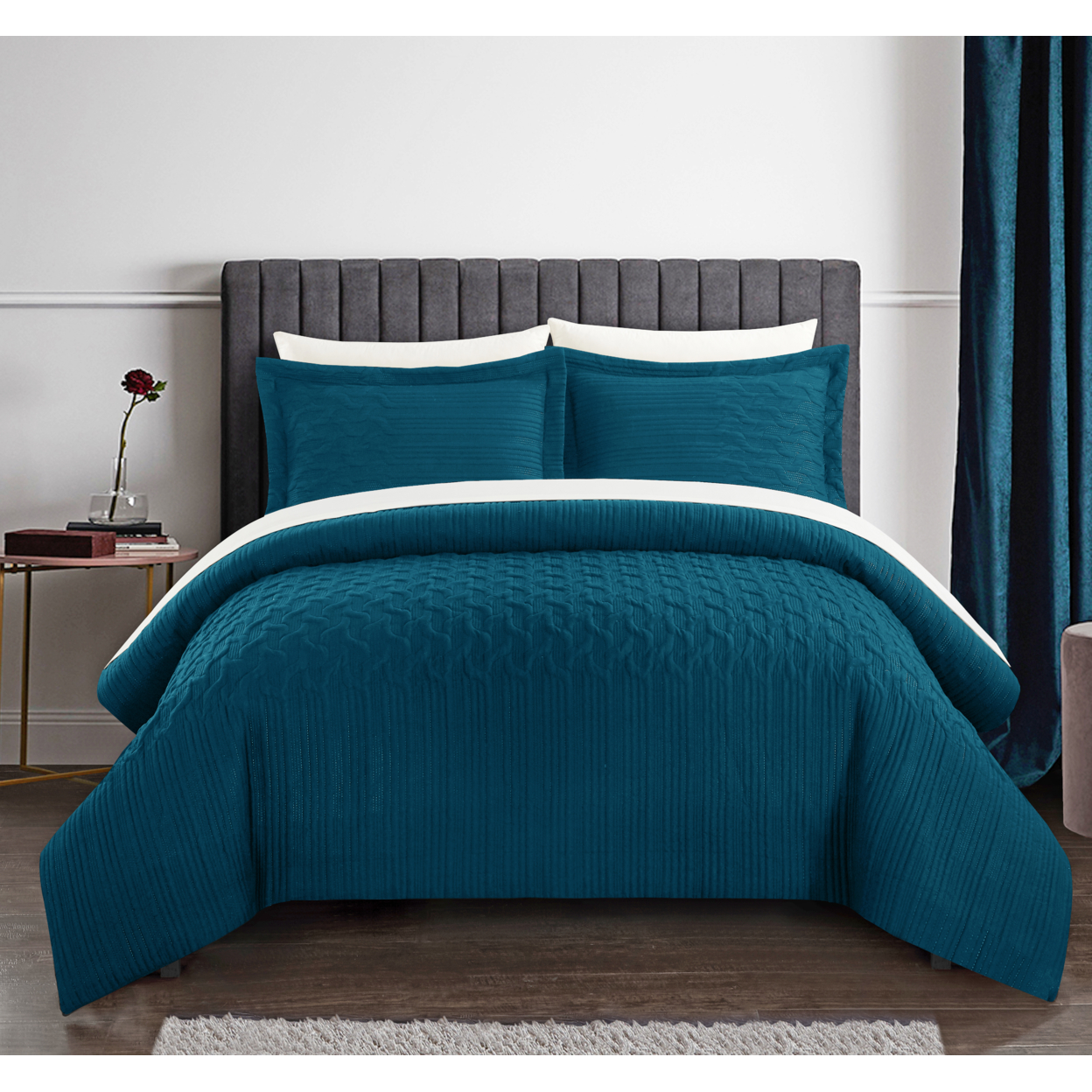 Jazmaine 3 Or 2 Piece Comforter Set Embossed Embroidered Quilted Geometric Vine Pattern Bedding - Teal, Queen