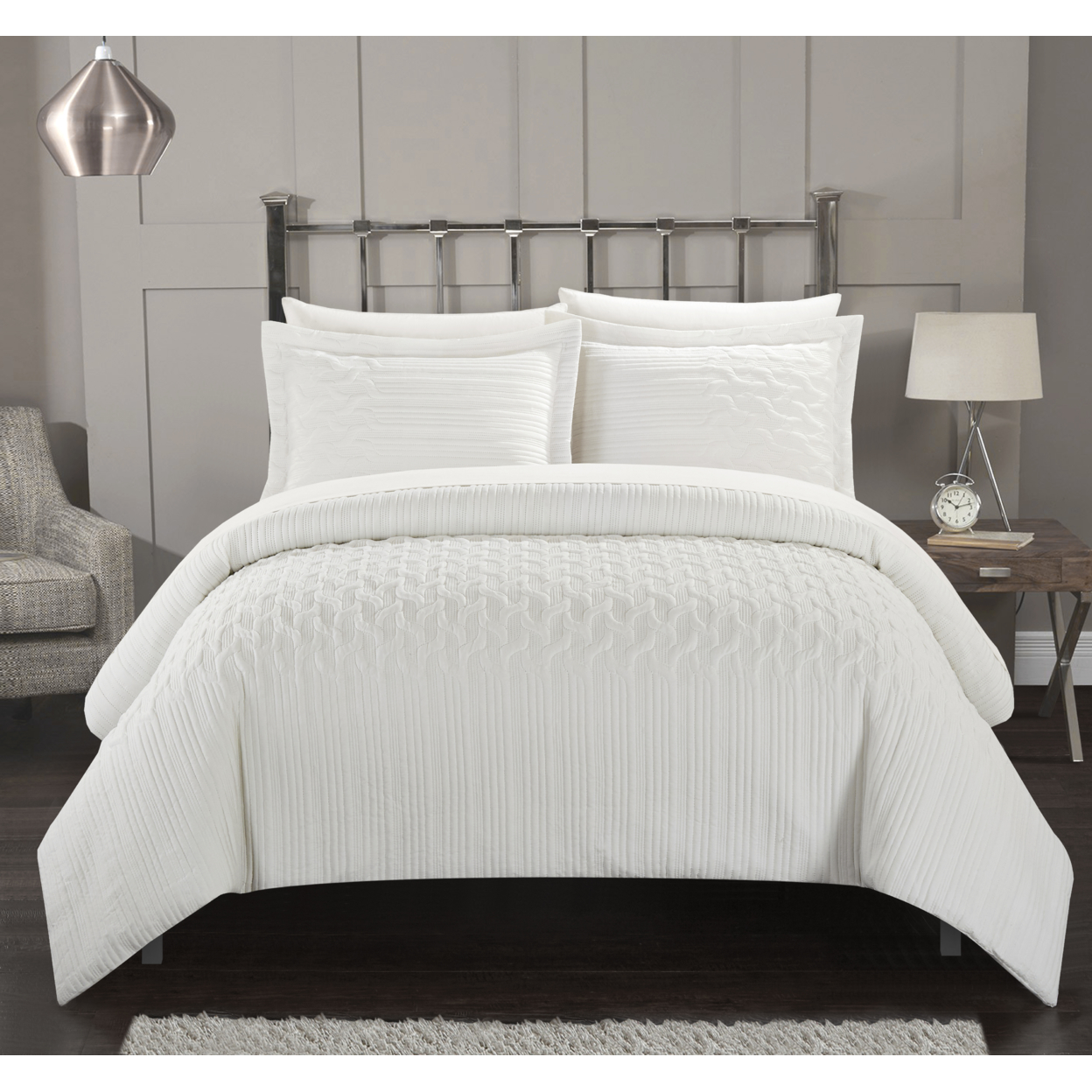 Jazmaine 3 Or 2 Piece Comforter Set Embossed Embroidered Quilted Geometric Vine Pattern Bedding - White, Twin
