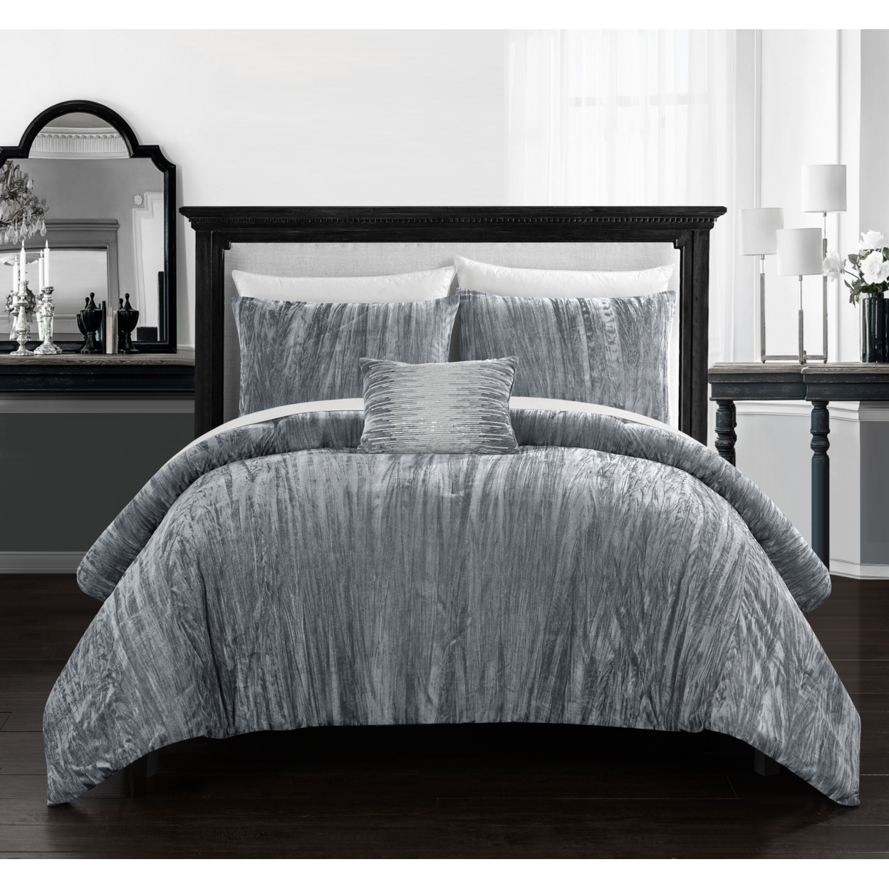 Merieta 4 Piece Comforter Set Crinkle Crushed Velvet Bedding - Decorative Pillow Shams Included - Grey, Queen